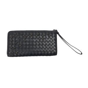 Bottega Veneta Intrecciato Studded Zip Around Wallet Wristlet Black Leather EUC